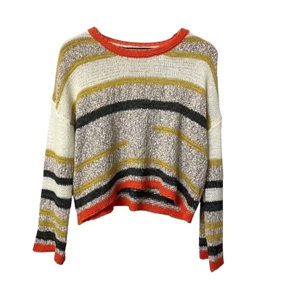 Mystree Cropped Scoop Neck Striped Sweater in Orange, Cream, Black, Olive